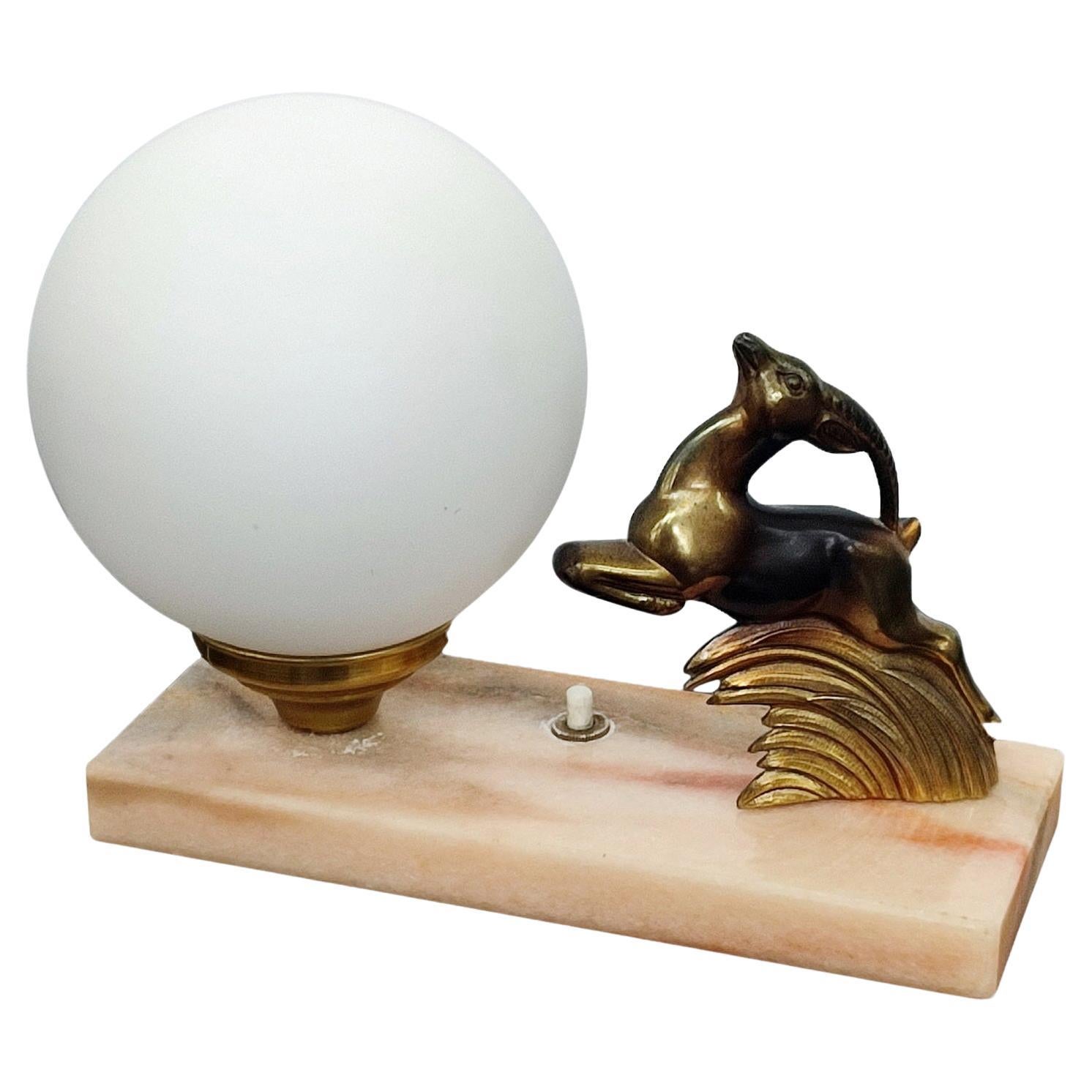 Art Deco French Antelope Lamp – Satinated Glass Globe, 1920s