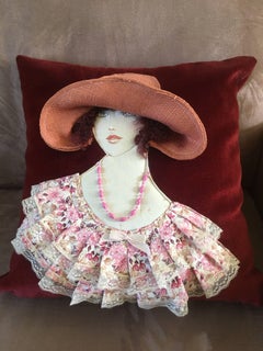 Art Deco French Art Cushion Pillow, 1920s Woman Handwoven Decor, Velvet Lace