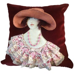 Art Deco French Art Cushion Pillow, 1920s Woman Handwoven Decor, Velvet Lace