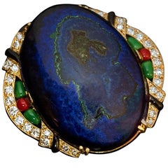 Antique Art Deco French Azurite Malachite Diamond Enamel Brooch