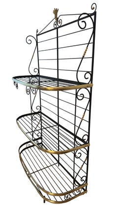 Art Deco French Bakers Rack: Three-Tiered Etagere in Wrought Iron & Brass, 1930s
