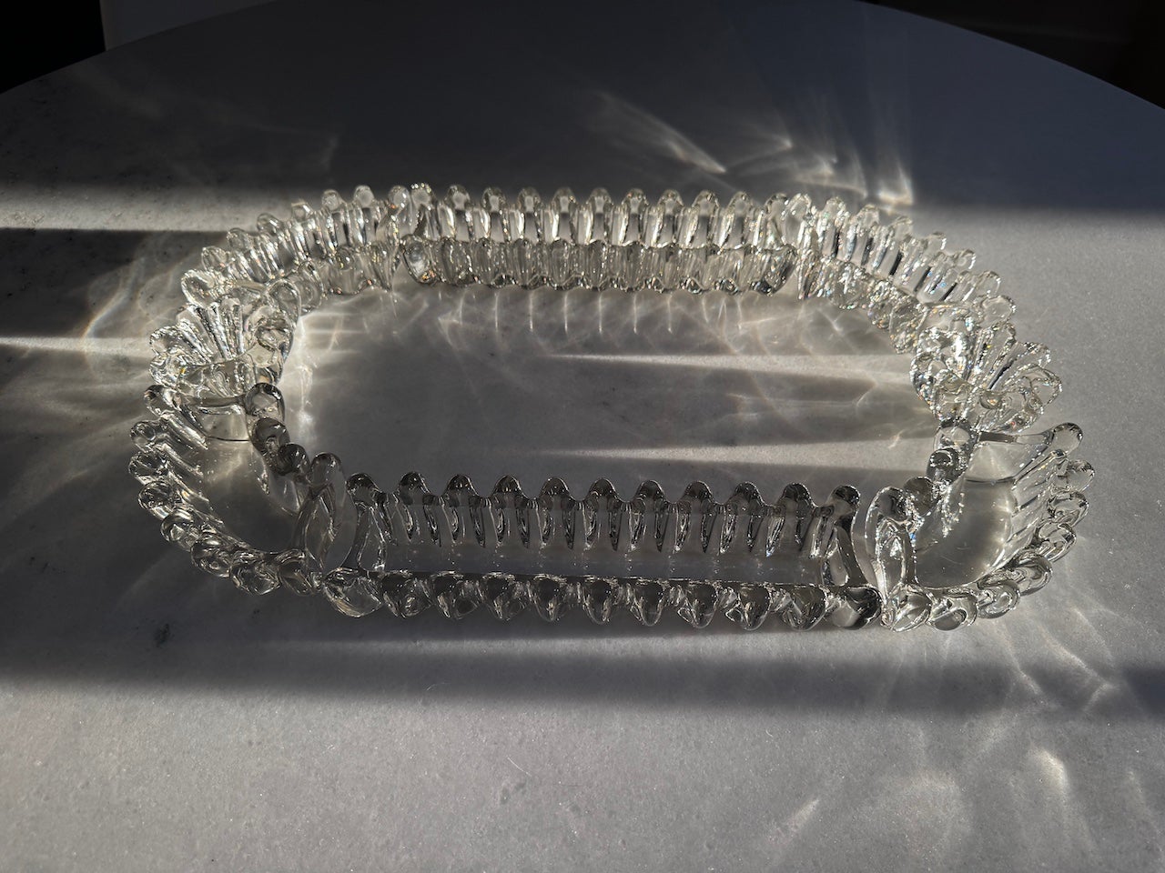 Eight pieces French Bayel Crystal centre piece including two candle holders.

The Bayel Royal Manufacture was born in 1666, a hundred years before Baccarat, on the request of Louis XIV and Colbert. They produced for the French Royalty until 1727 and