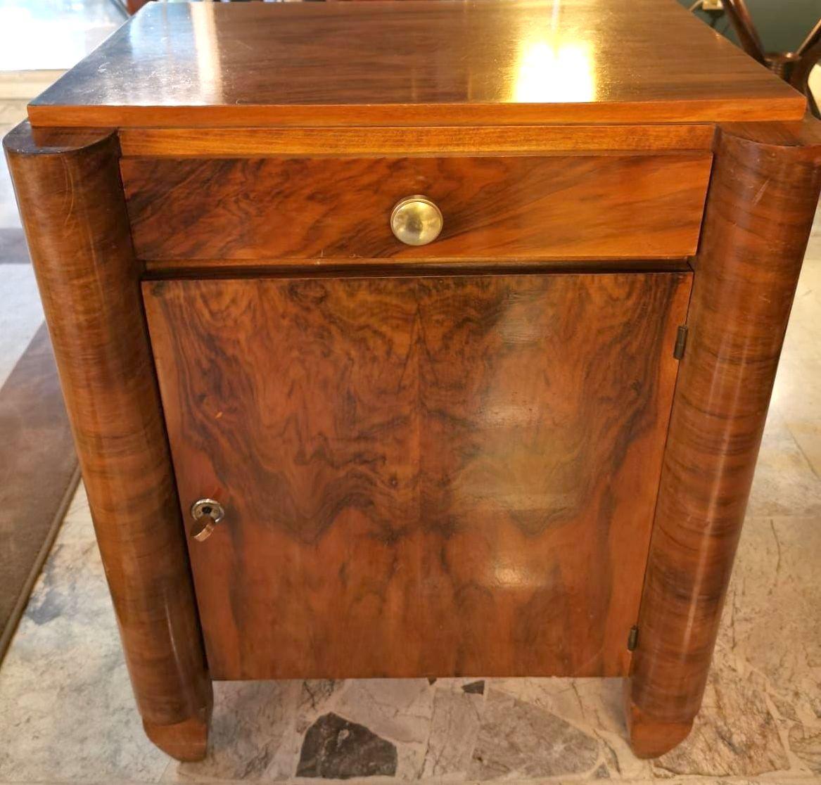 Polished Art Deco French Bedside Table in European Blond Walnut, 1930