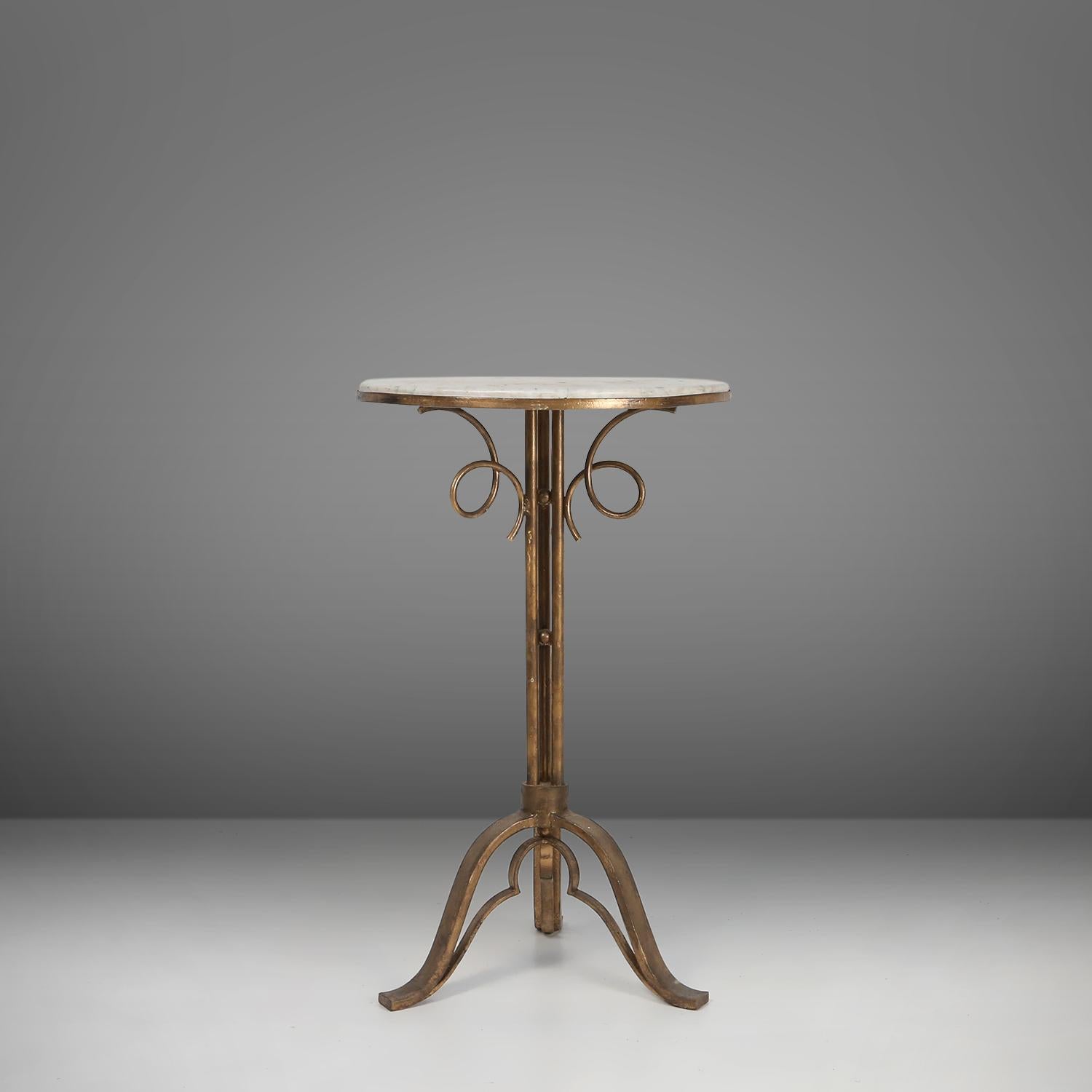 Brass Art Deco French Bistro Table with Carrara Marble Top, 1930s