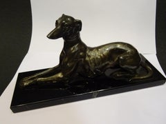 Art Deco French Black Bronce Greyhound with a Black Marble Stand, circa 1930