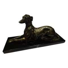 Art Deco French Black Bronce Greyhound with a Black Marble Stand, circa 1930