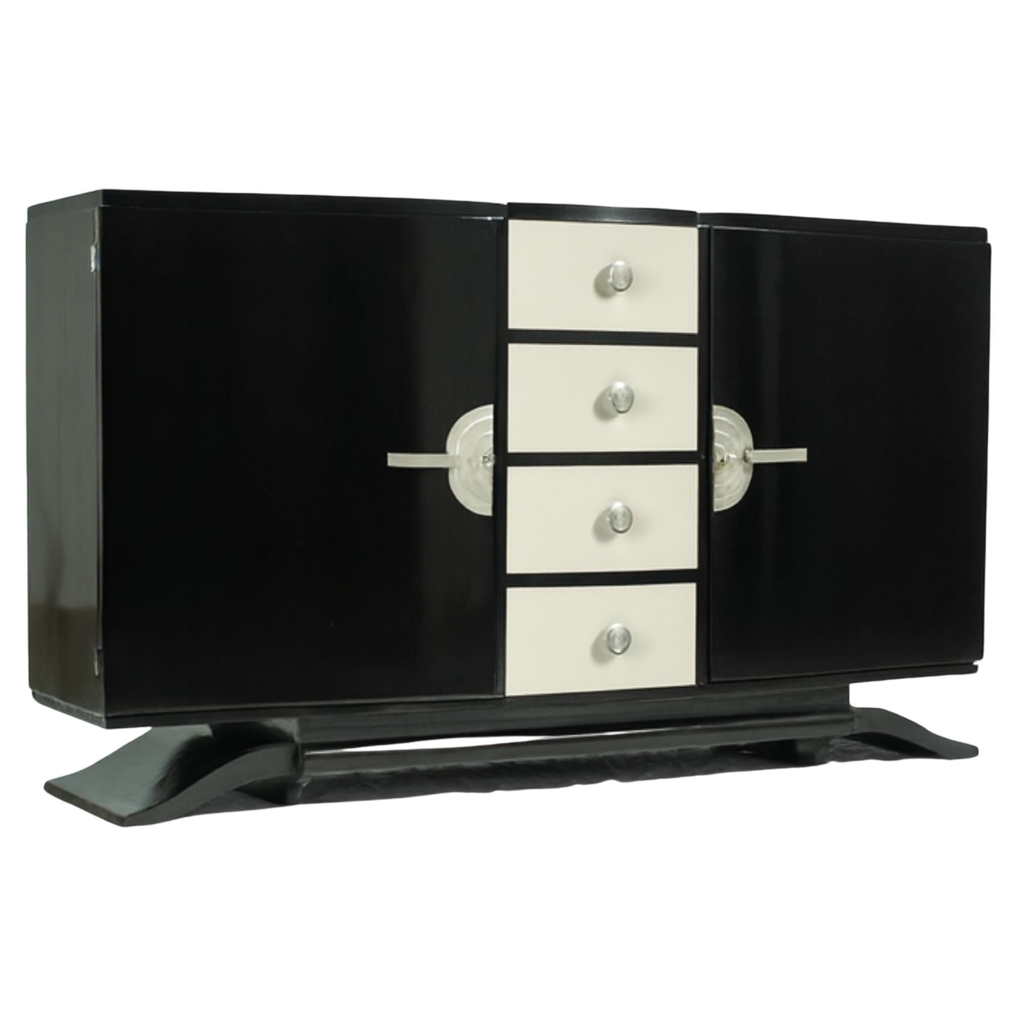 Art Deco French Black Lacquer & Walnut Credenza Sideboard, 20th Century