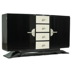 Art Deco French Black Lacquer & Walnut Credenza Sideboard, 20th Century