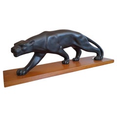 Art Deco French Black Lacquered Gypsum on Oak Base Panther Sculpture 