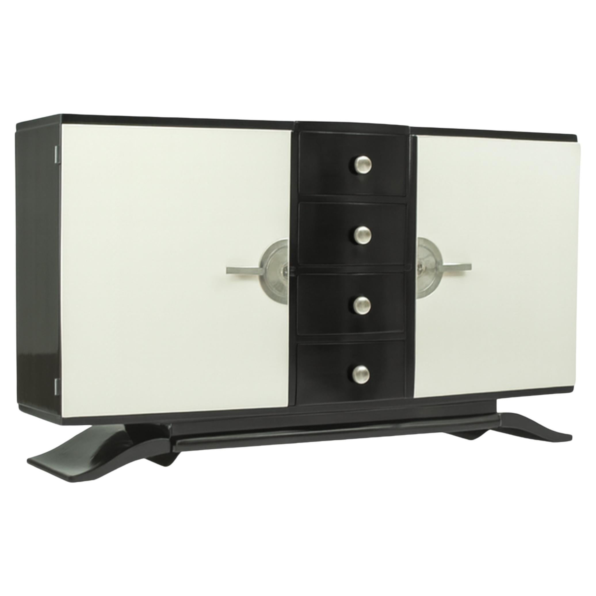 Art Deco French Black White Lacquer Credenza Sideboard, 20th Century