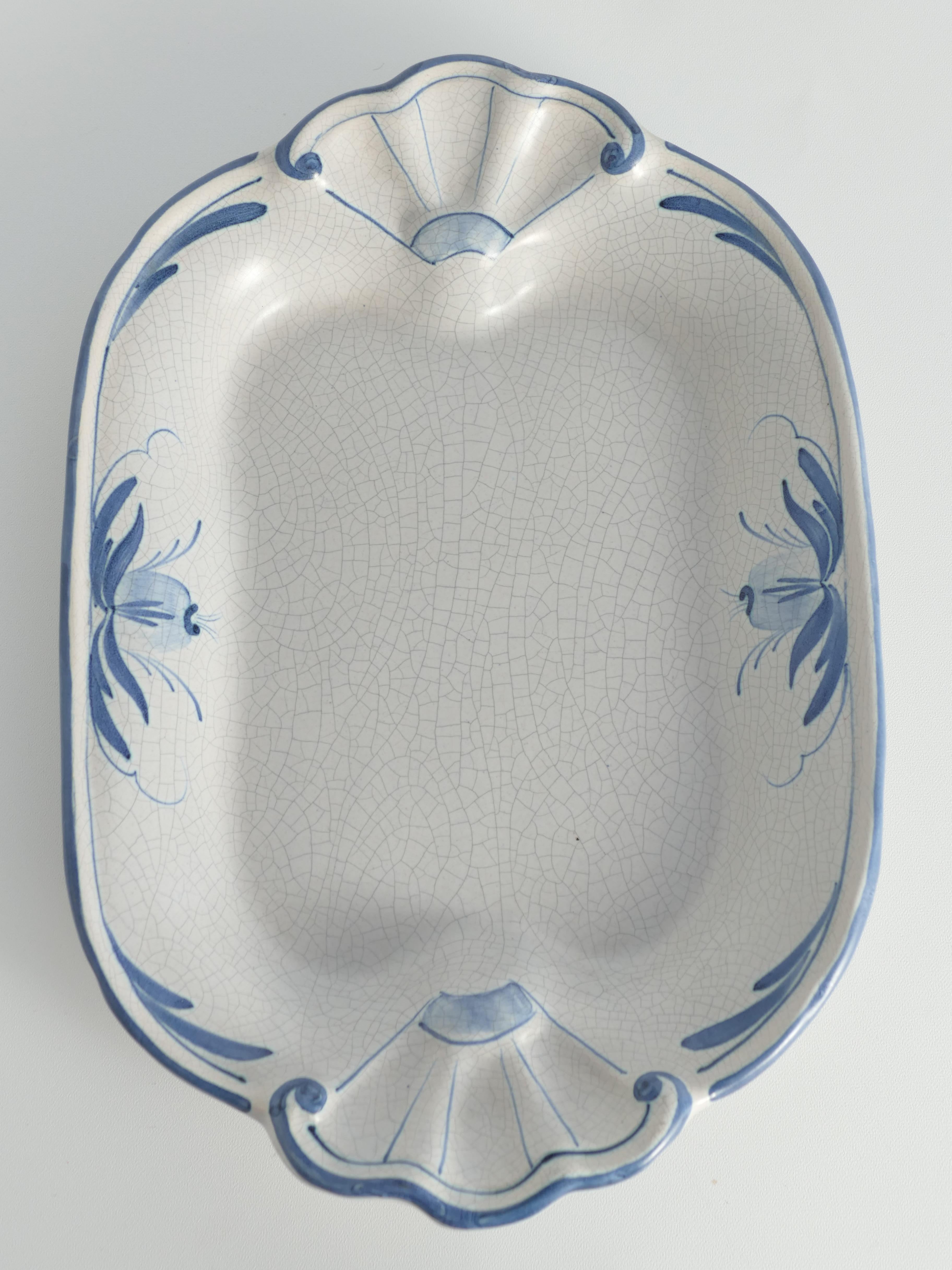 Glazed Art Deco French Blue Floral Decor Plate by Allan Eberling, Bo Fajans For Sale