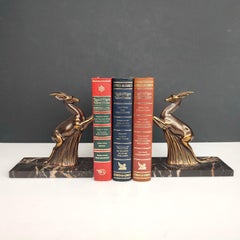 Art Deco French Bookends Springbok Antelopes on Marble Bases, circa 1930