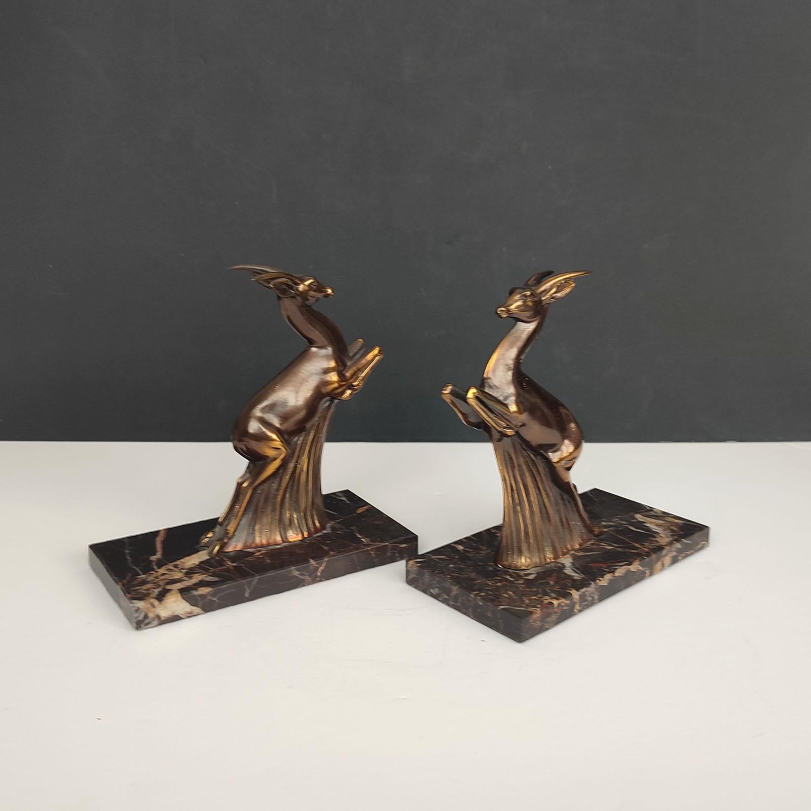 Mid-20th Century Art Deco French Bookends Springbok Antelopes on Marble Bases, circa 1930