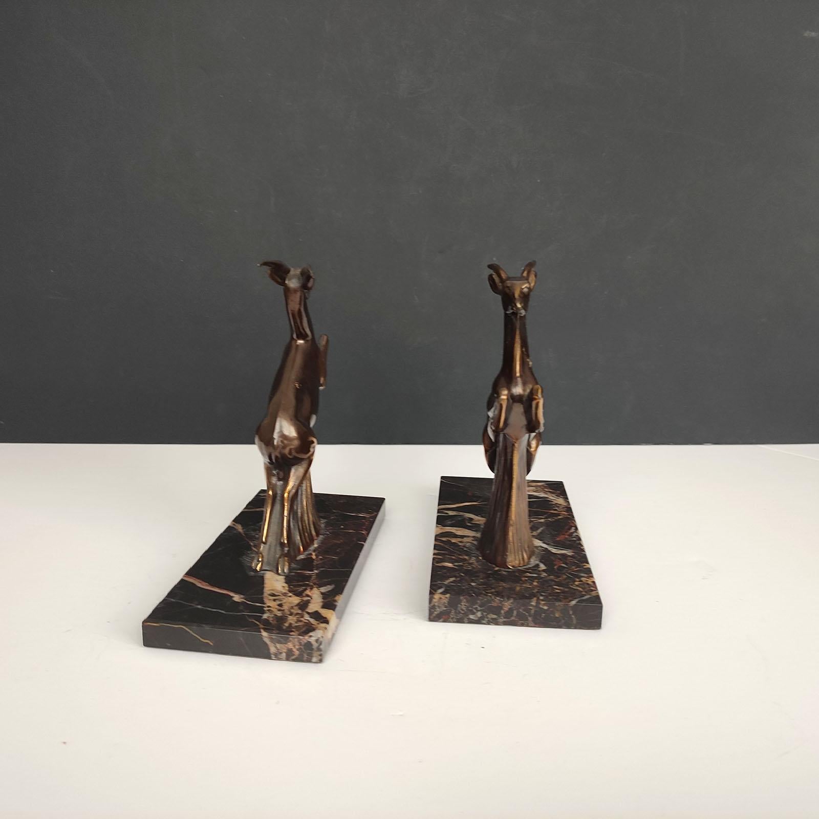 Spelter Art Deco French Bookends Springbok Antelopes on Marble Bases, circa 1930