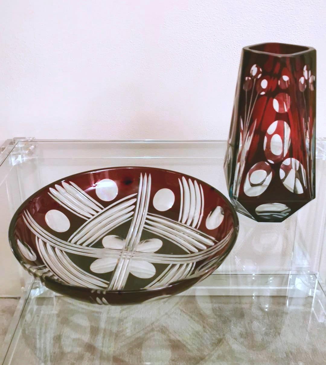 Painted Art Deco French Bowl and Vase in Half Ground Red Crystal