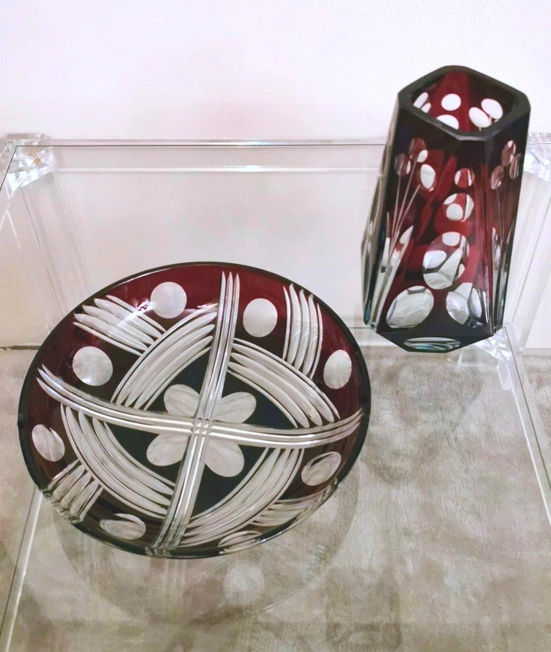 Art Deco French Bowl and Vase in Half Ground Red Crystal In Good Condition In Prato, Tuscany