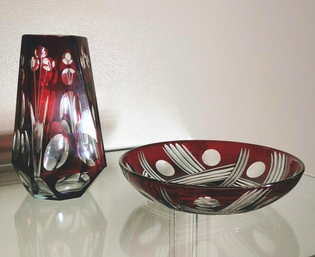 20th Century Art Deco French Bowl and Vase in Half Ground Red Crystal