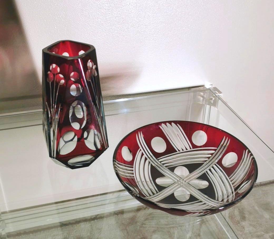 Glass Art Deco French Bowl and Vase in Half Ground Red Crystal