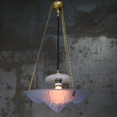 Art Deco French Brass and Etched Blue Glass Pendant Light, 1920s