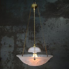 Art Deco French Brass and Etched Frosted Glass Pendant Light, 1920s