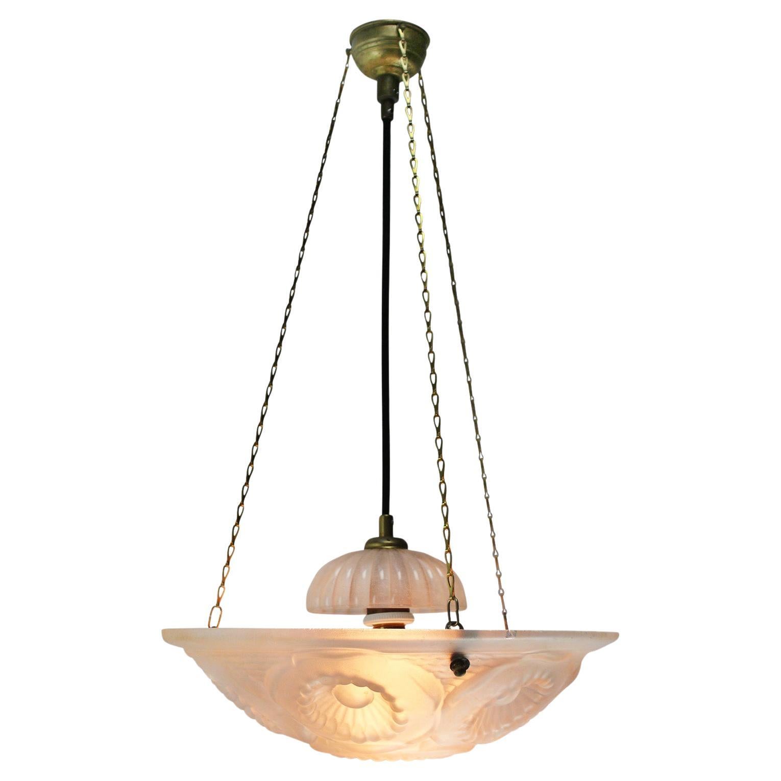 Art Deco French Brass and Etched Frosted Glass Pendant Light, 1920s