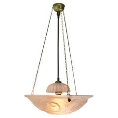 Art Deco French Brass and Etched Frosted Glass Pendant Light, 1920s