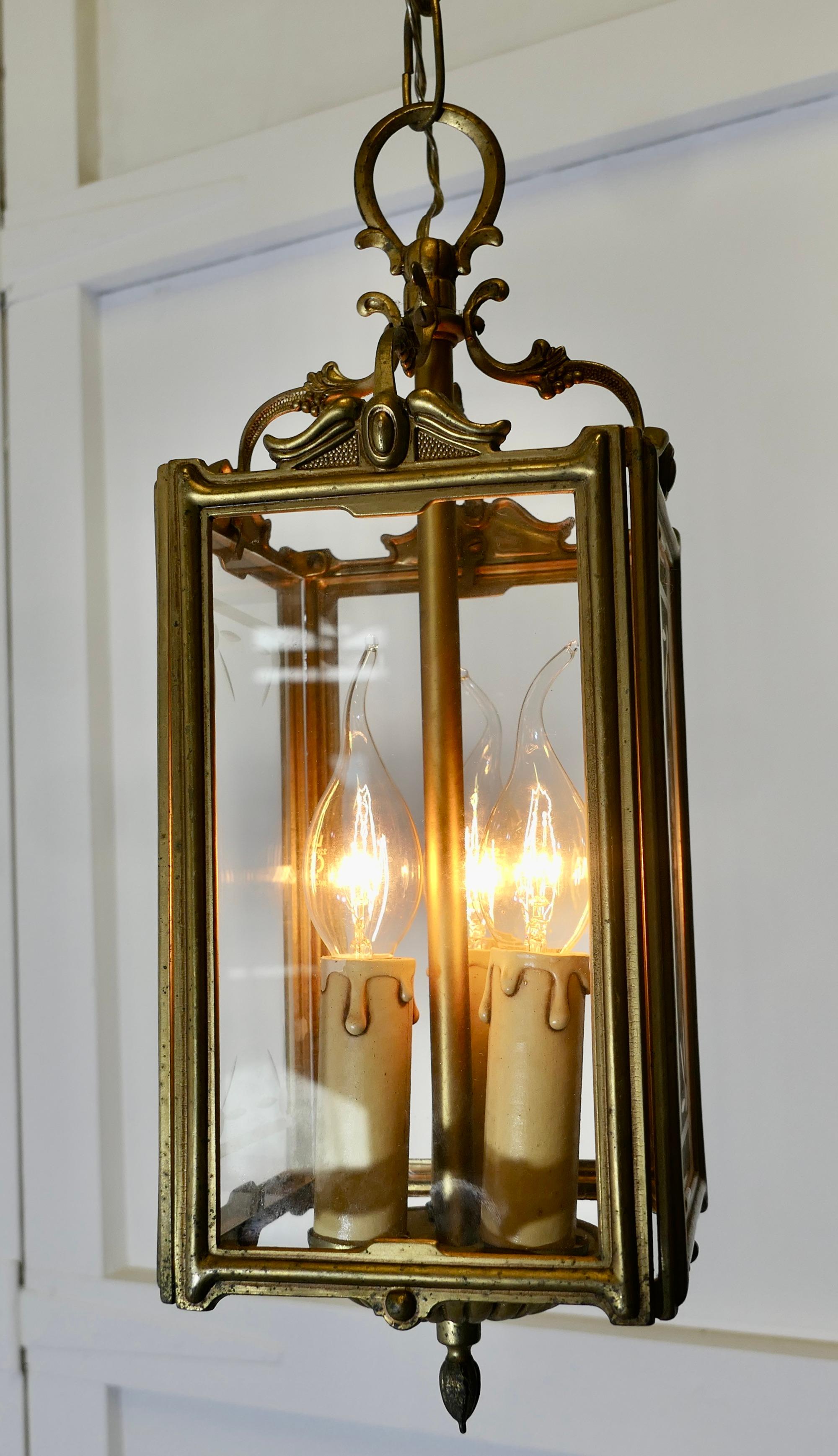 Art Deco French Brass and Etched Glass Lantern In Good Condition For Sale In Godshill, Isle of Wight