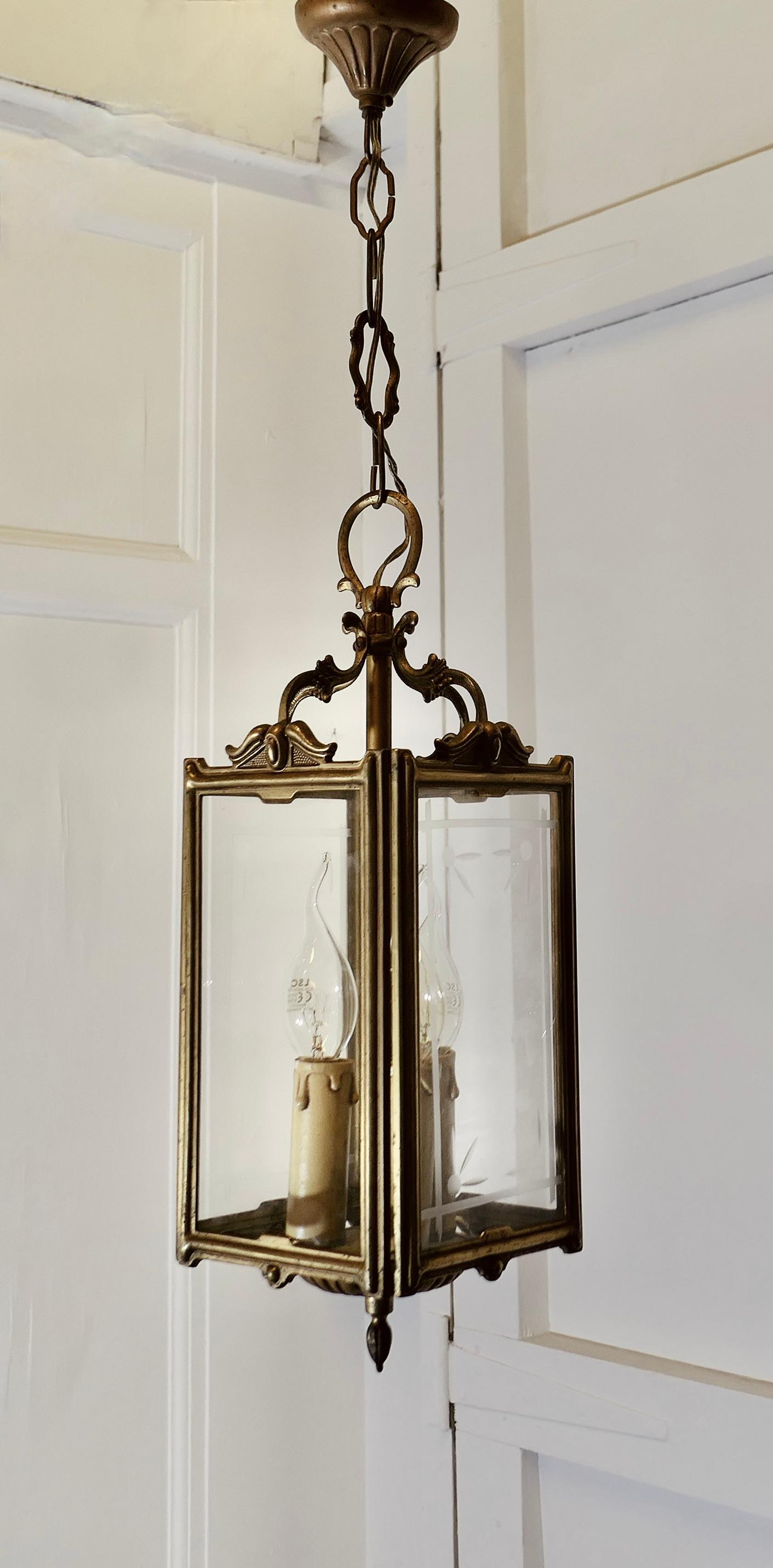 19th Century Art Deco French Brass and Etched Glass Lantern For Sale