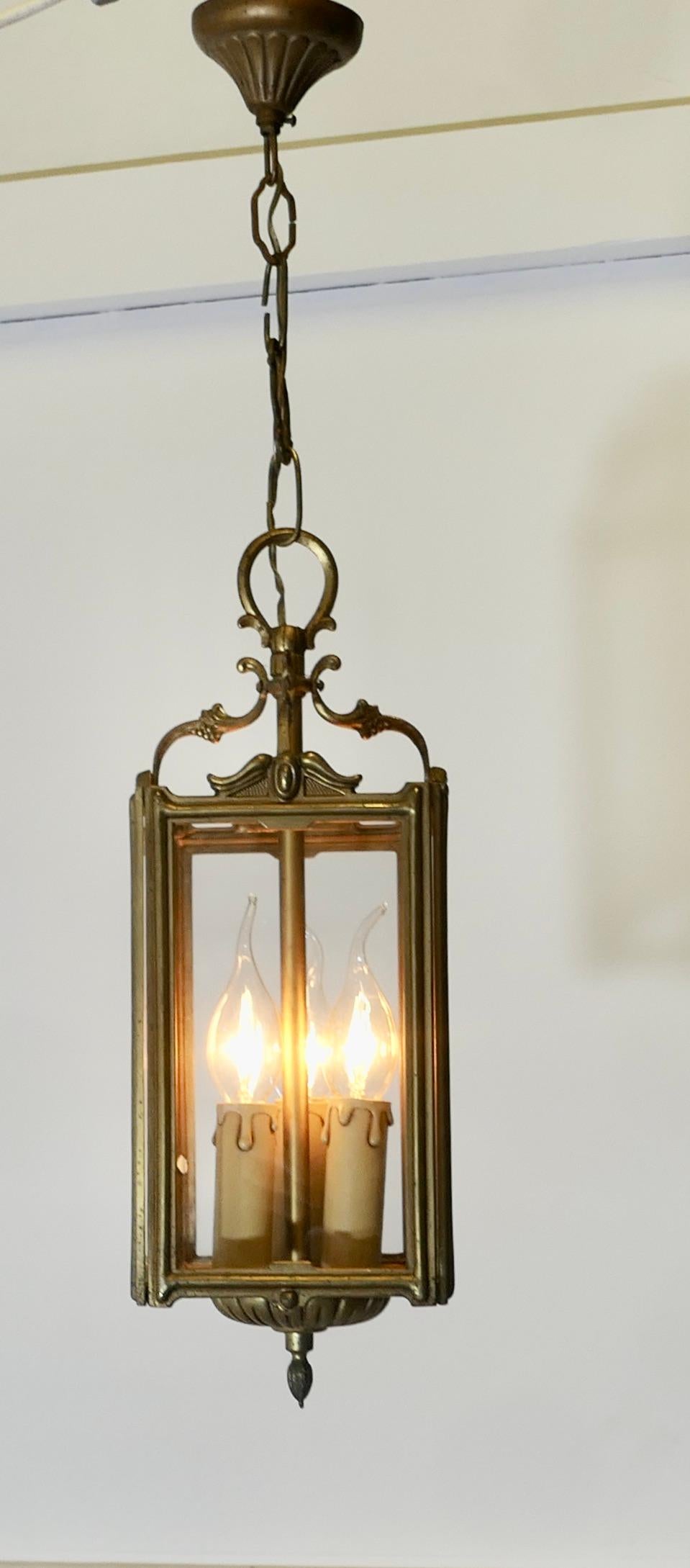 Art Deco French Brass and Etched Glass Lantern For Sale 1