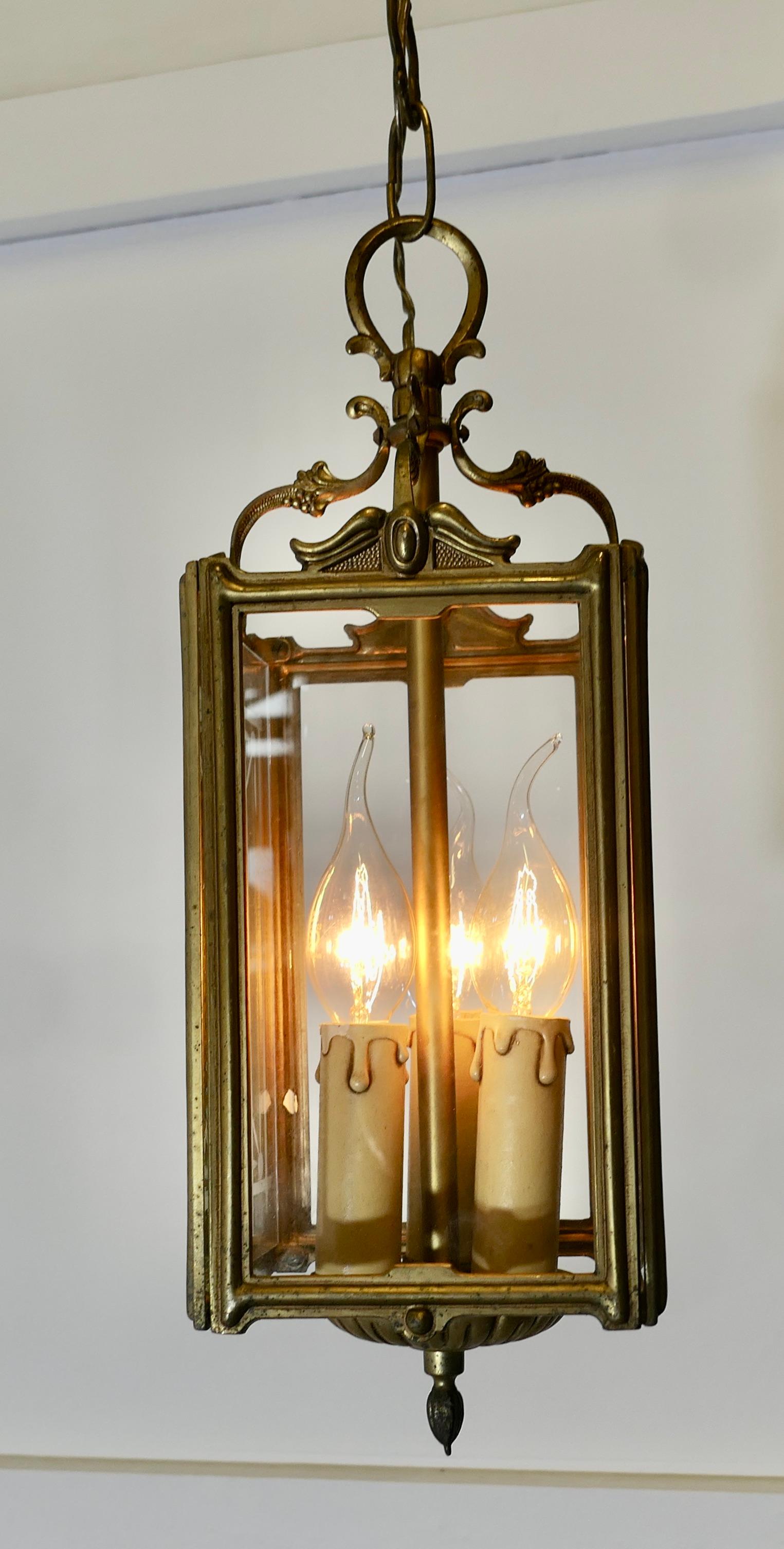 Art Deco French Brass and Etched Glass Lantern For Sale 2