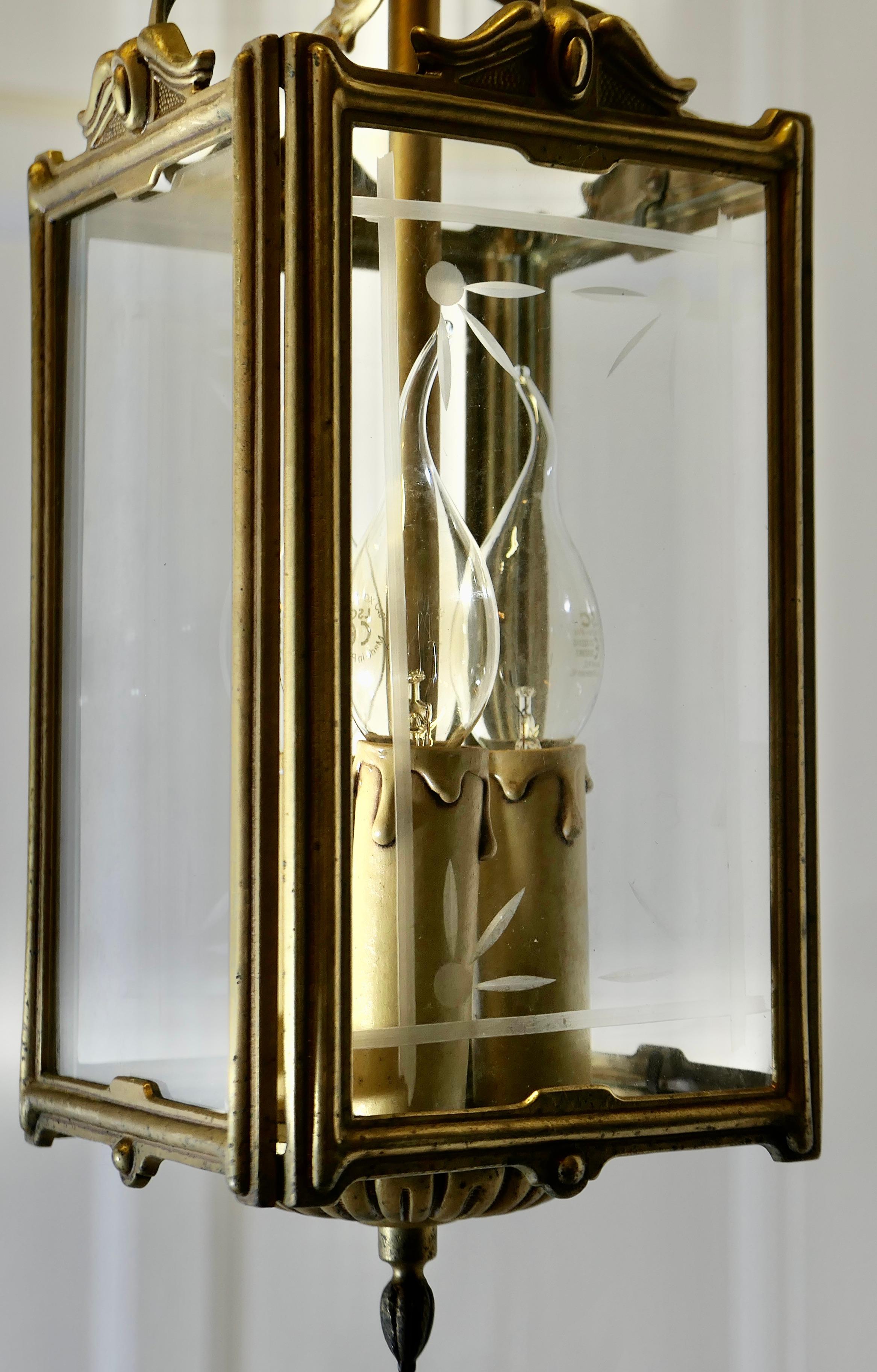 Art Deco French Brass and Etched Glass Lantern For Sale 3