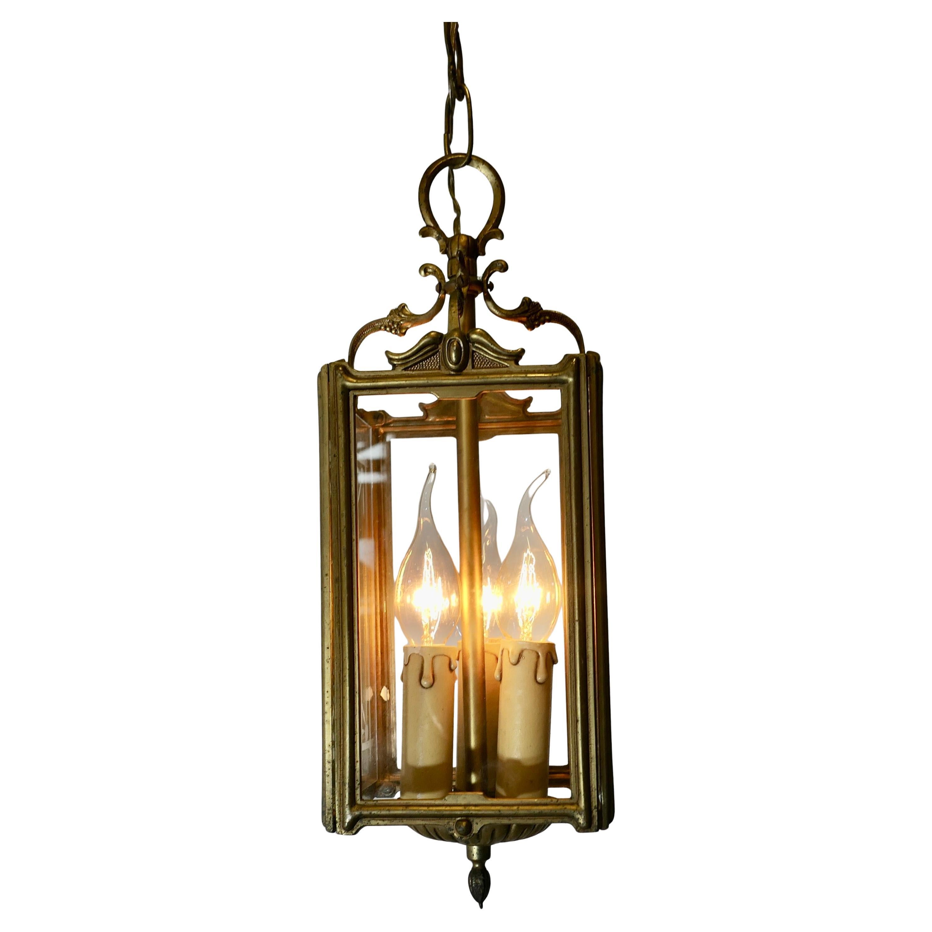 Art Deco French Brass and Etched Glass Lantern For Sale