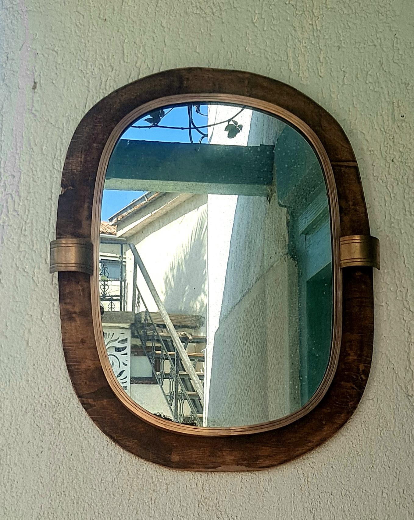 Mid-20th Century Art Deco French Brass and Wood Wall Mirror For Sale
