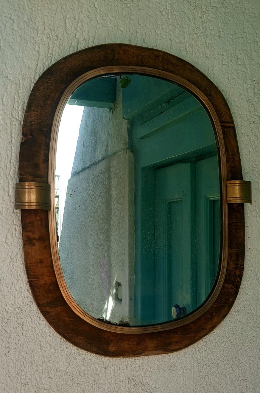 Art Deco French Brass and Wood Wall Mirror For Sale 1