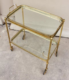 Art Deco French Brass and Glass Bar Cart with Tray Top on Casters