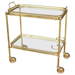 Art Deco French Brass and Glass Bar Cart with Tray Top on Casters
