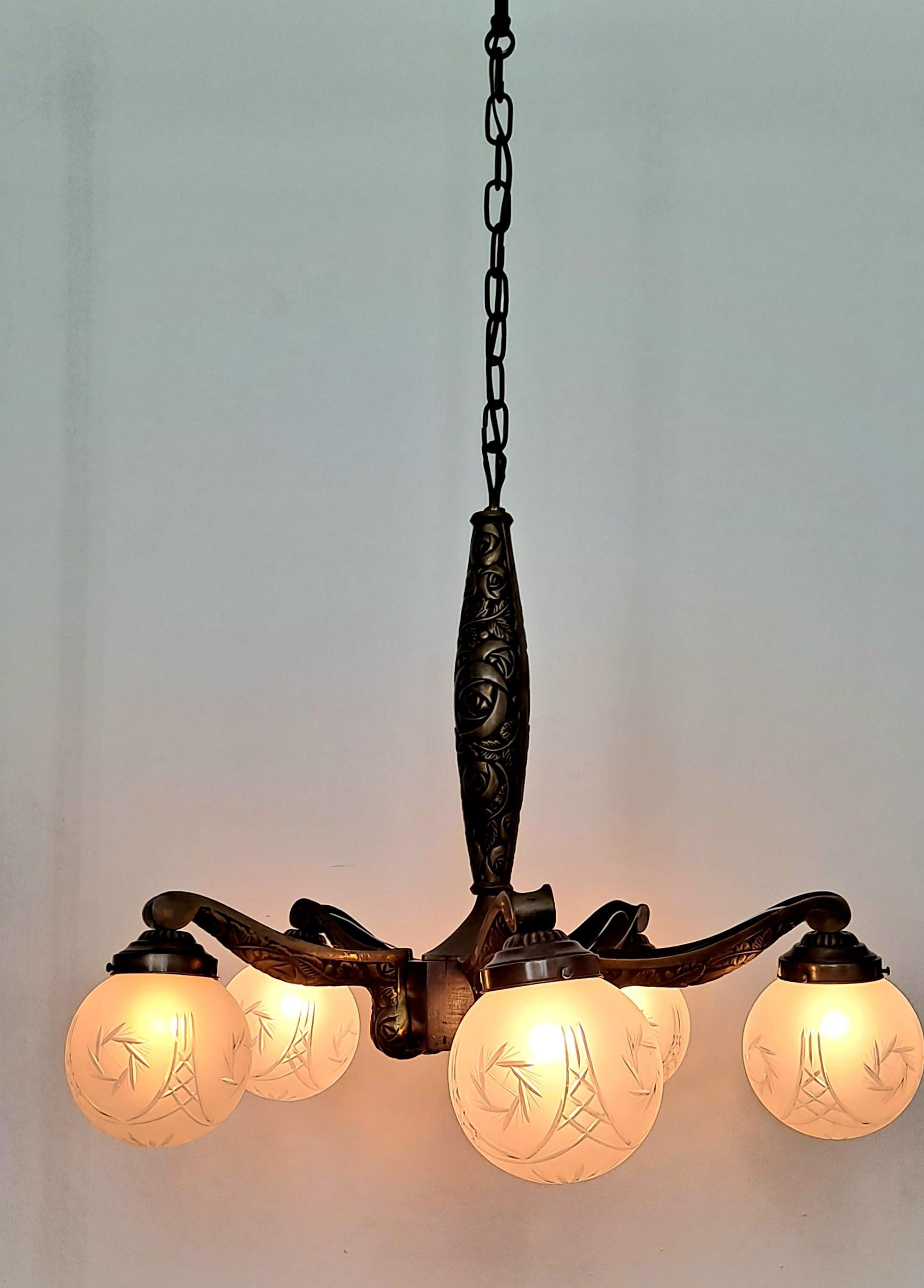 Art Deco French Bronze Chandelier  In Good Condition For Sale In Los Angeles, CA