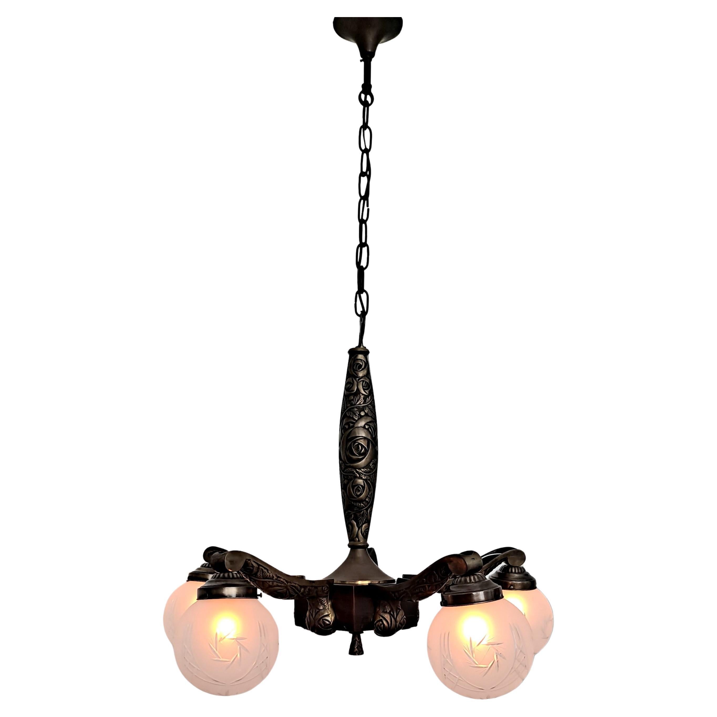 Art Deco French Bronze Chandelier  For Sale