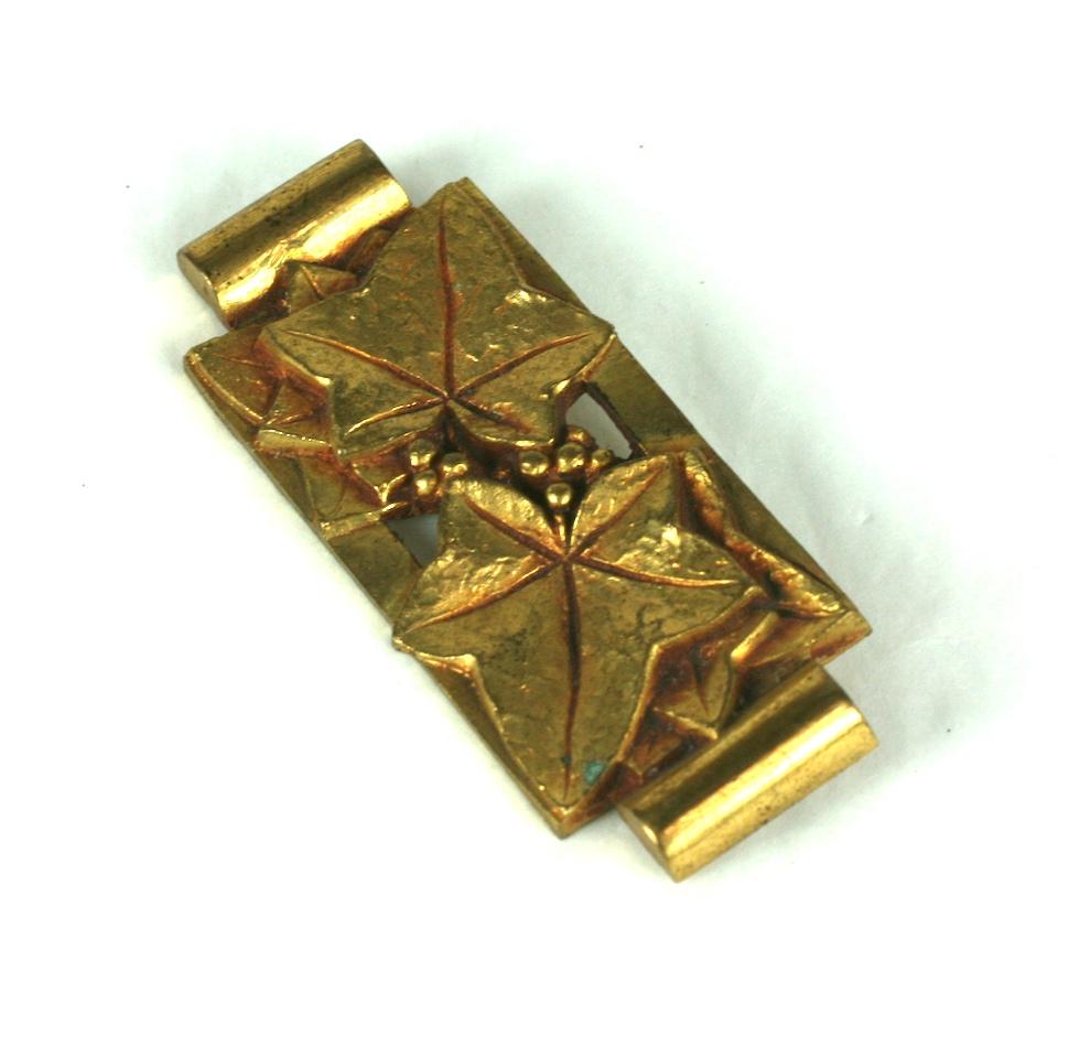 Art Deco French Bronze Ivy Brooch from the 1920's. Deco hand hammered bronze work with patinaed wash added for depth.
Early plunger clasp.  2.5