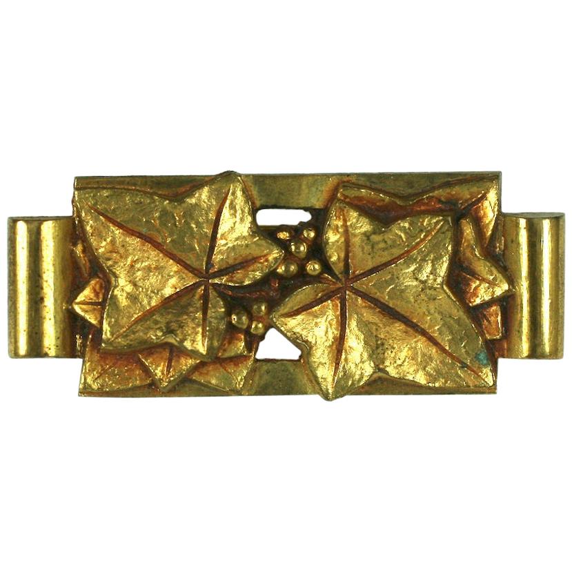Art Deco French Bronze Ivy Brooch   For Sale