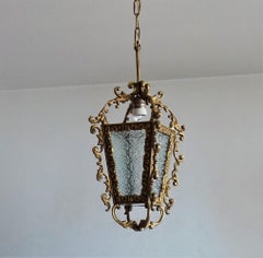 Art Deco French Bronze Molded Glass Hall Lantern, 1930s