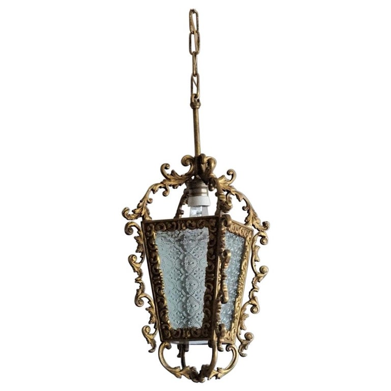 Art Deco French Bronze Molded Glass Hall Lantern, 1930s For Sale