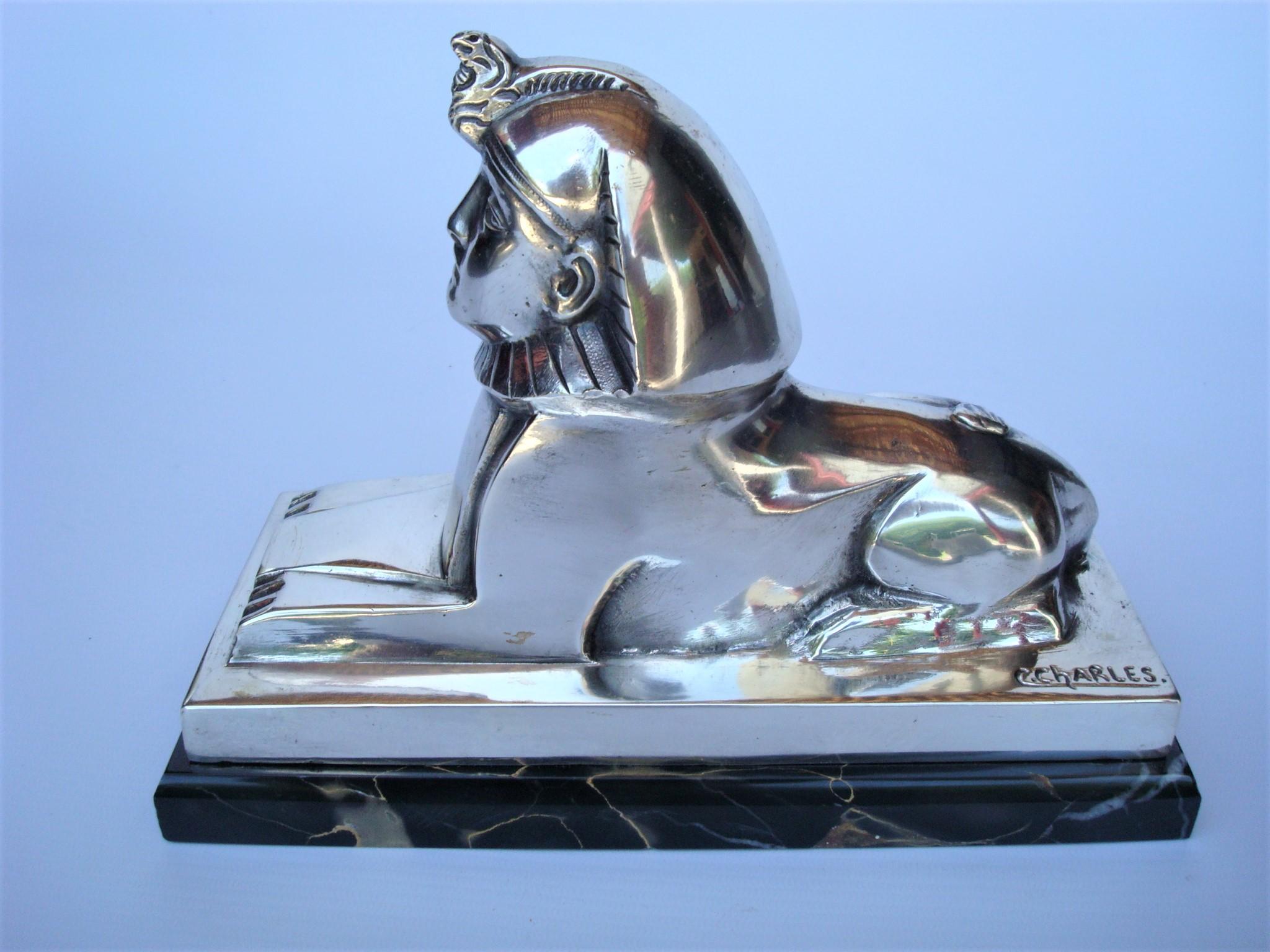 Silvered Art Deco French Bronze Sculpture of a Sphinx, Signed C. Charles For Sale