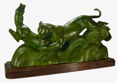 Art Deco French Bronze Sculpture of Panther and Gazelle by Ouline