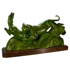 Art Deco French Bronze Sculpture of Panther and Gazelle by Ouline