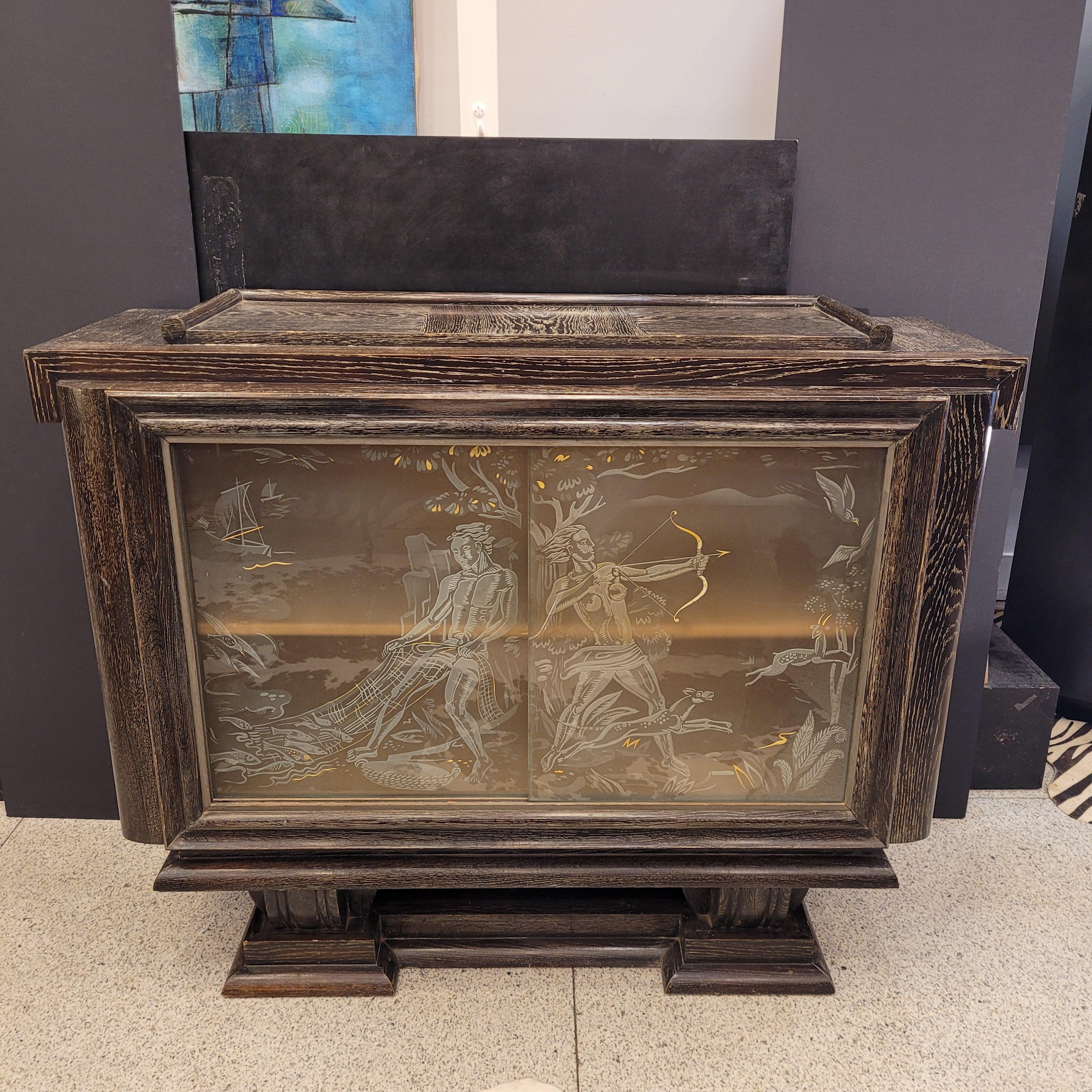Hand-Crafted Art Deco French Buffet ceruse oak and Frosted glass with gold and silver