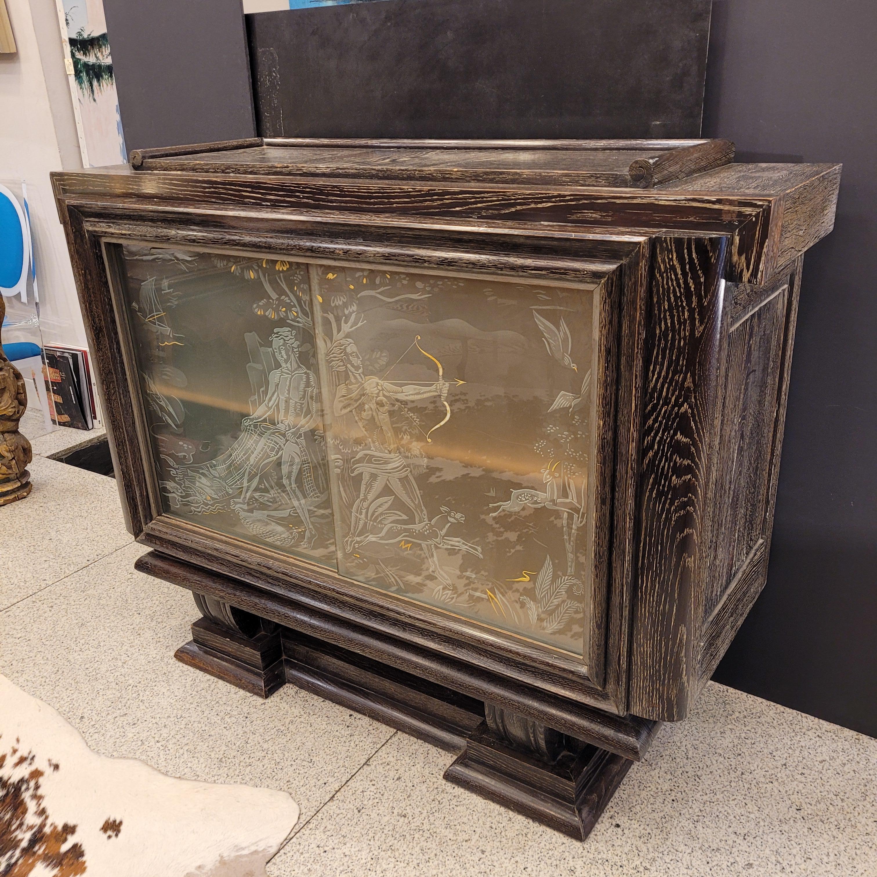 Art Deco French Buffet ceruse oak and Frosted glass with gold and silver In Good Condition In Valladolid, ES