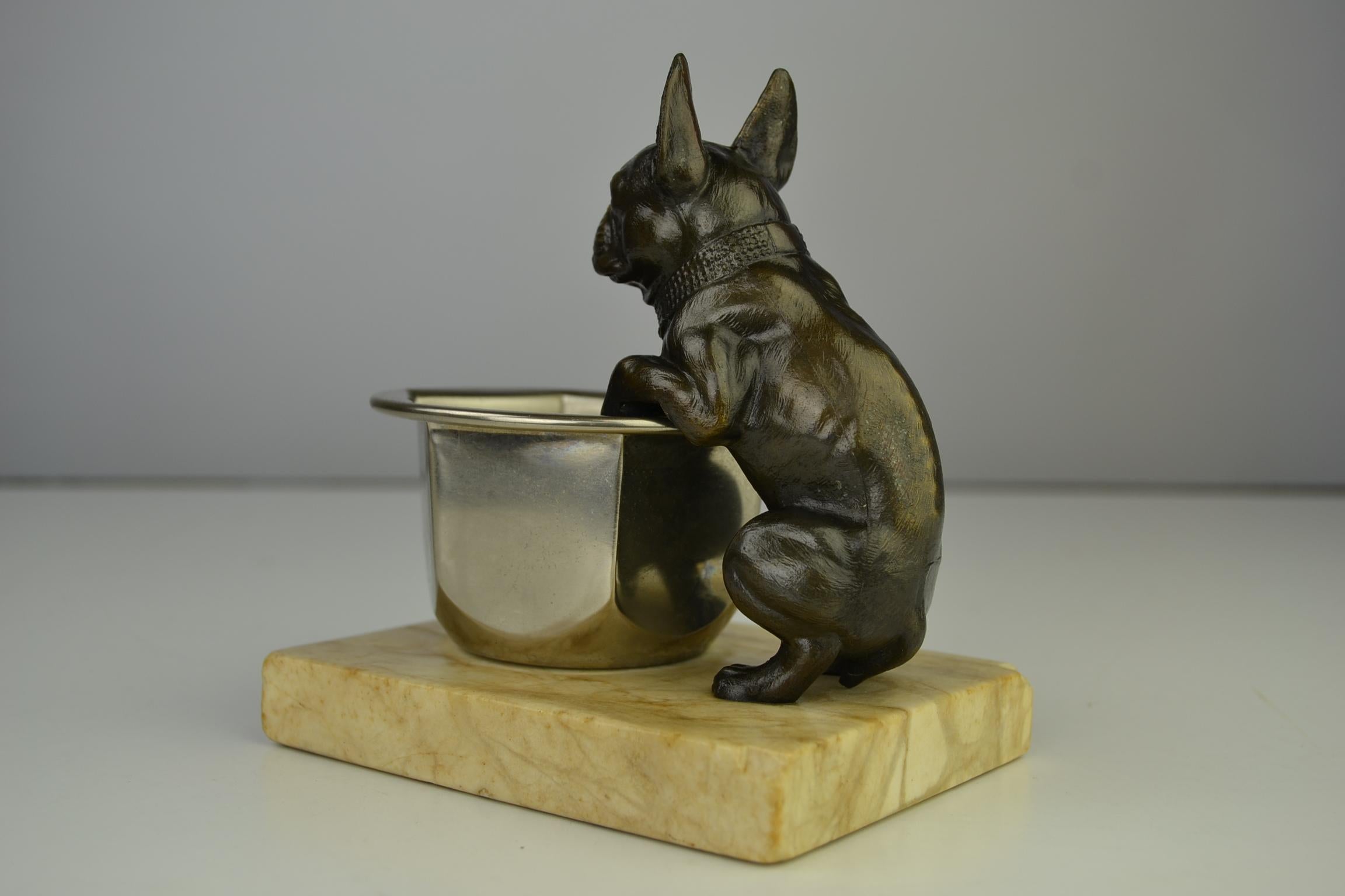 Art Deco French Bulldog Figurine Hanging over a Bowl Mounted on Marble Base  1