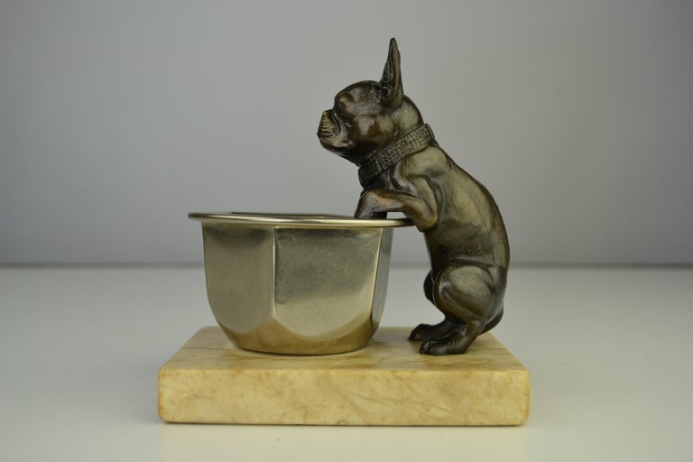 Art Deco French Bulldog Figurine Hanging over a Bowl Mounted on Marble