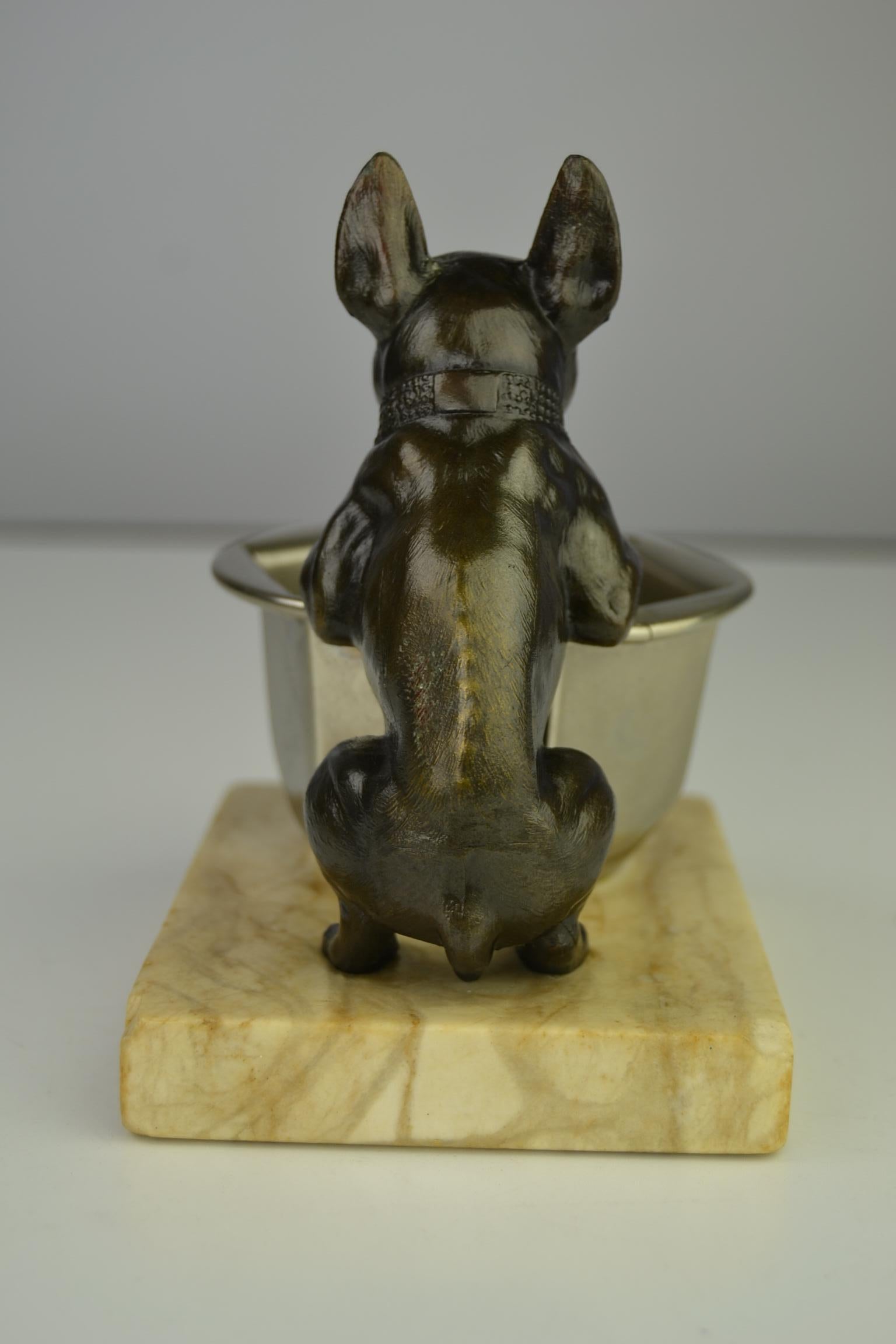Metal Art Deco French Bulldog Figurine Hanging over a Bowl Mounted on Marble Base 
